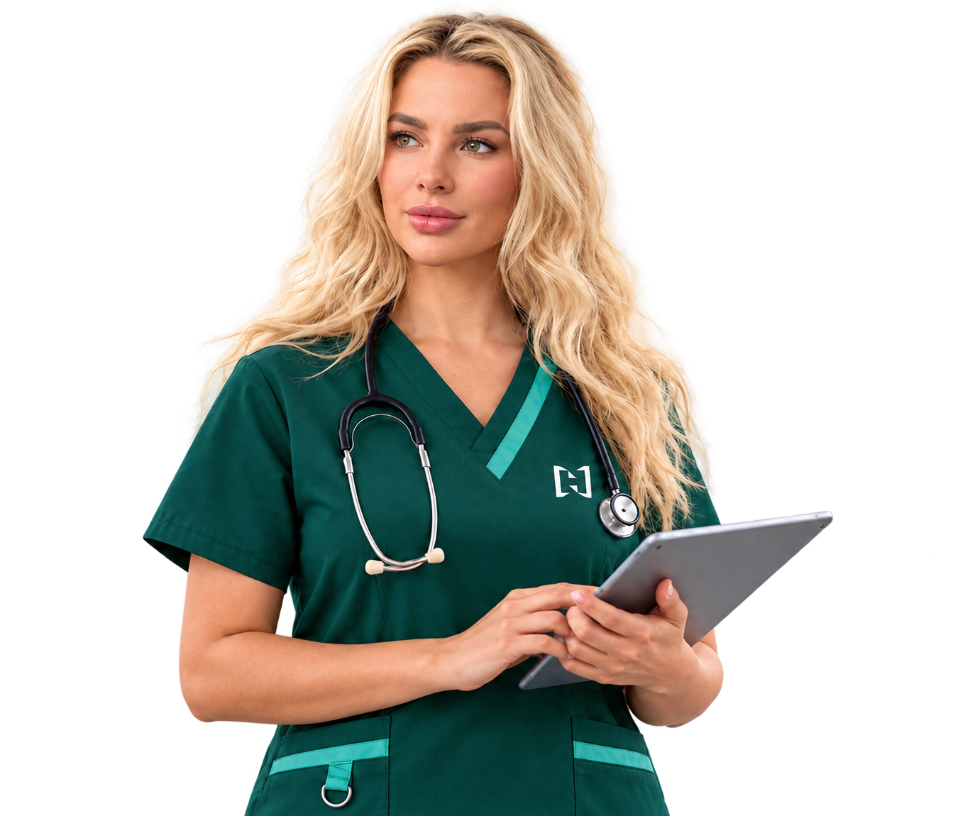 Modelo médica rubia de N&H LONGEVITY con uniforme clínico, estetoscopio y tablet