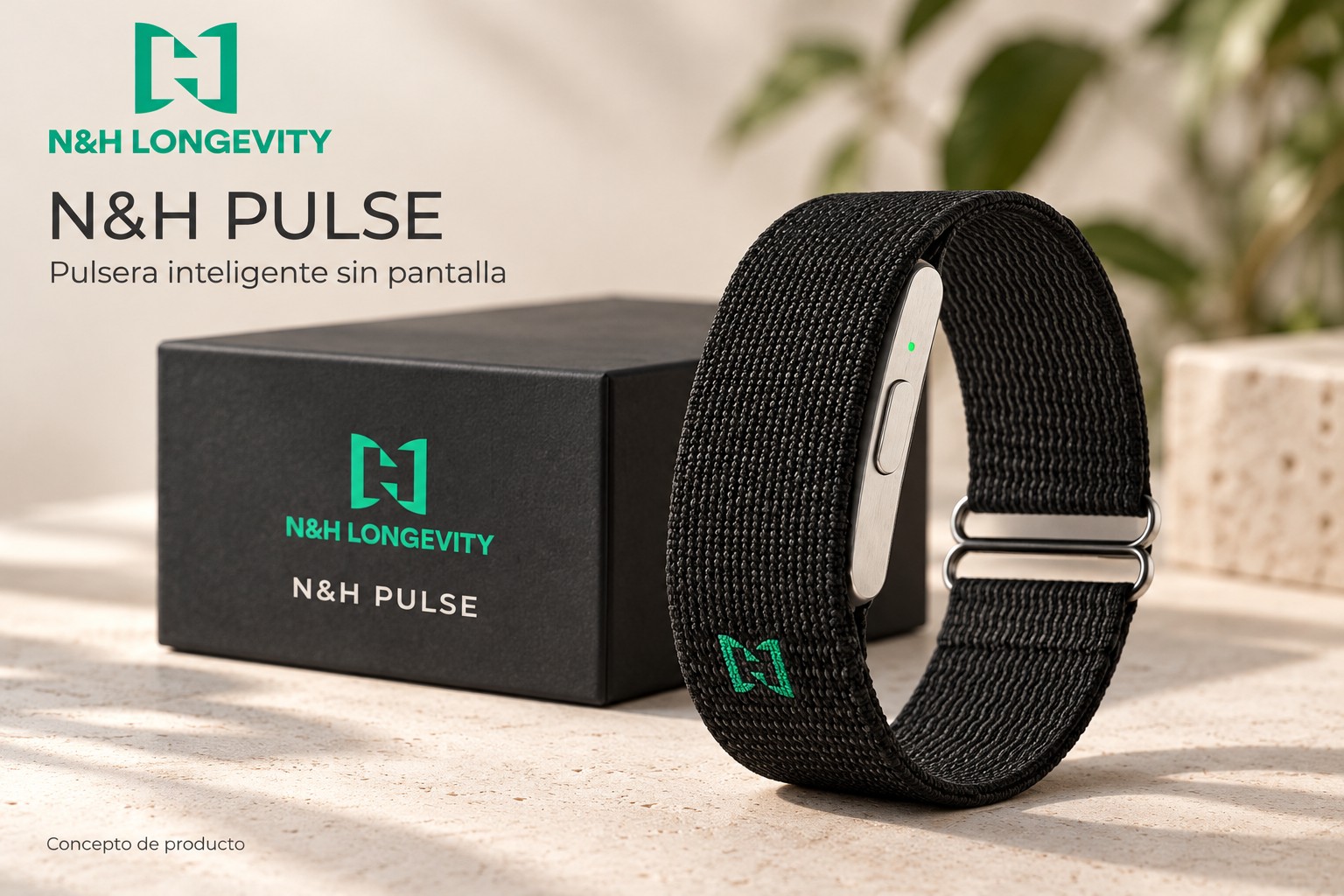 N&H PULSE: pulsera negra sin pantalla junto a su caja con el logotipo N&H LONGEVITY