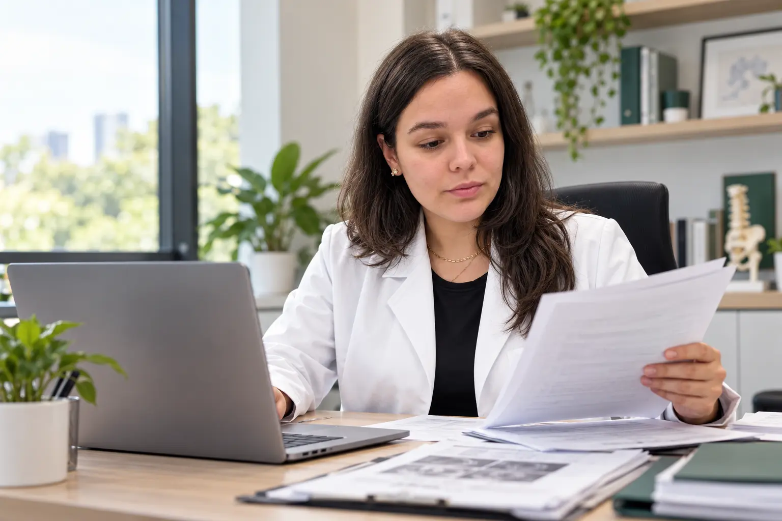 Dra. Evelin revisando documentación clínica junto a un portátil